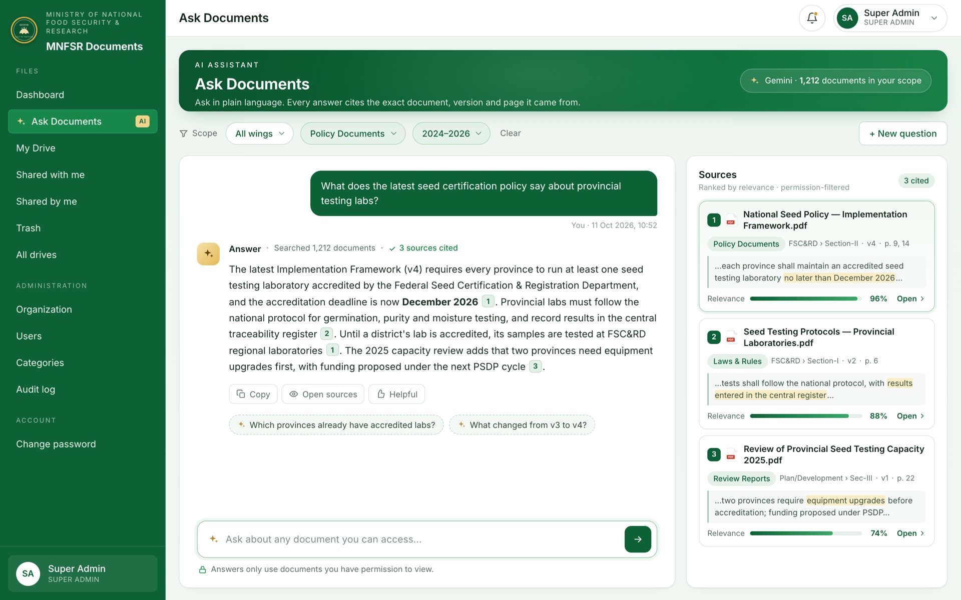 Ask Documents: a plain-language question answered from ministry documents, with cited sources
