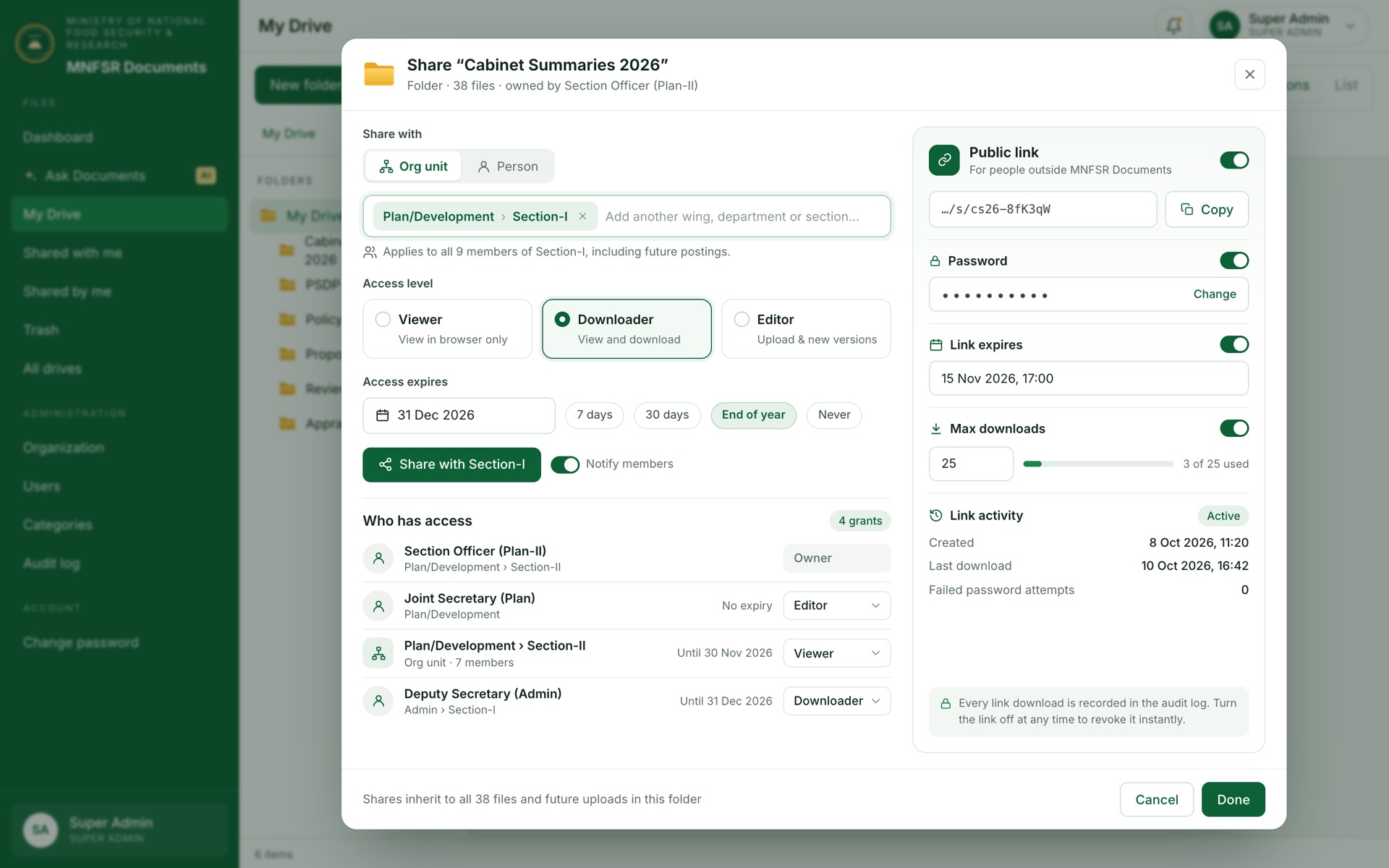 Sharing: grant a section or a person Viewer, Downloader or Editor access, with expiry and protected public links