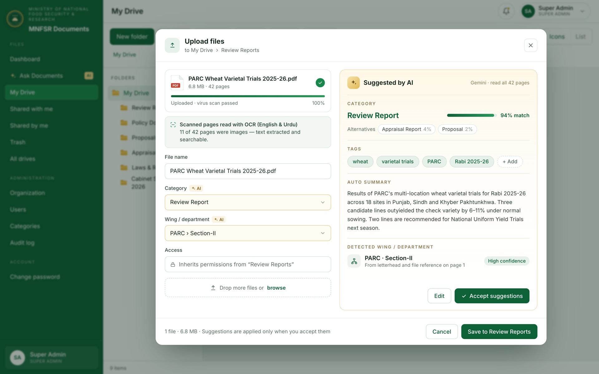 Smart upload: AI suggests the category, tags, summary and owning section for a new file
