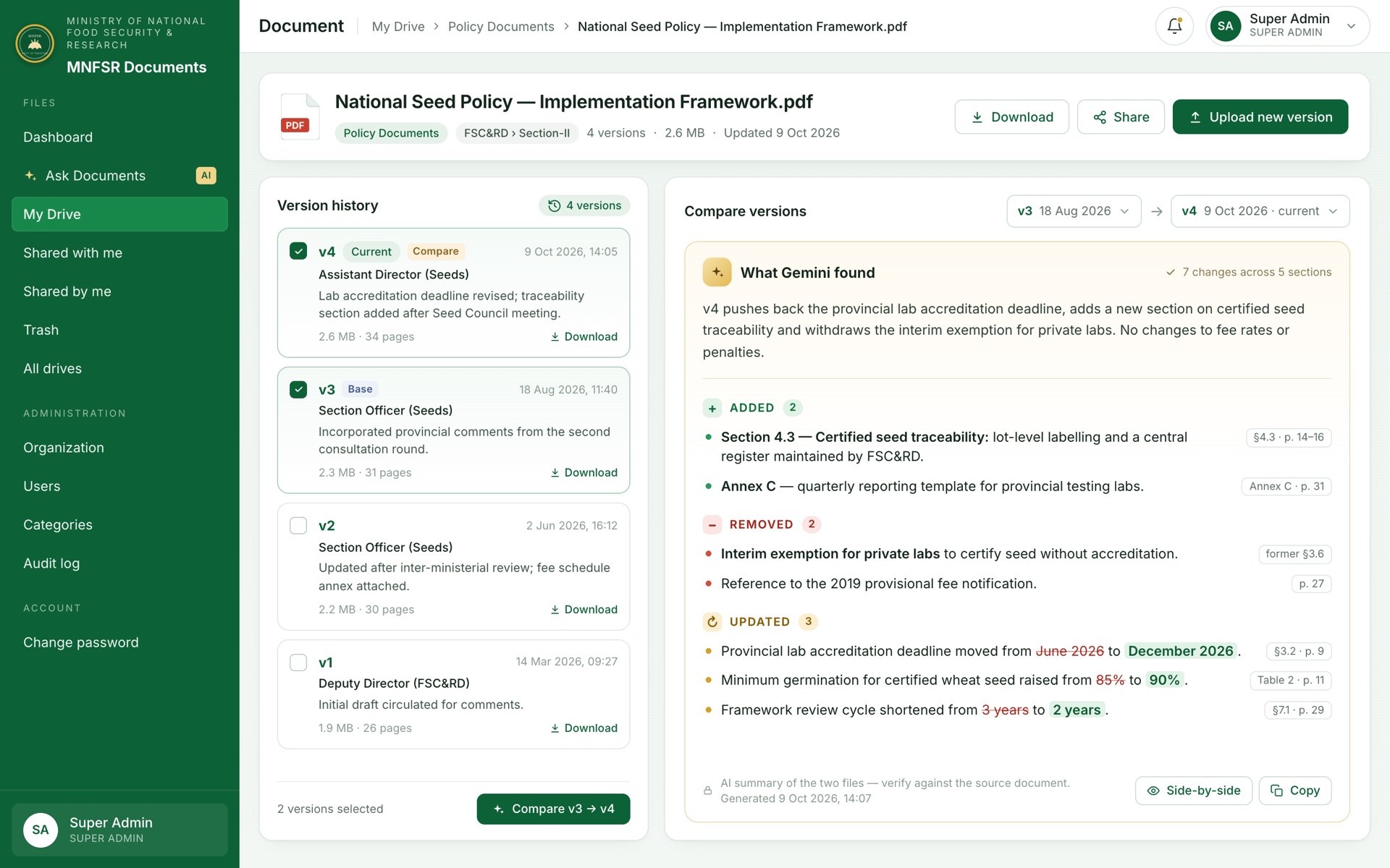 Version comparison: the AI lists what was added, removed and updated between two versions of a policy