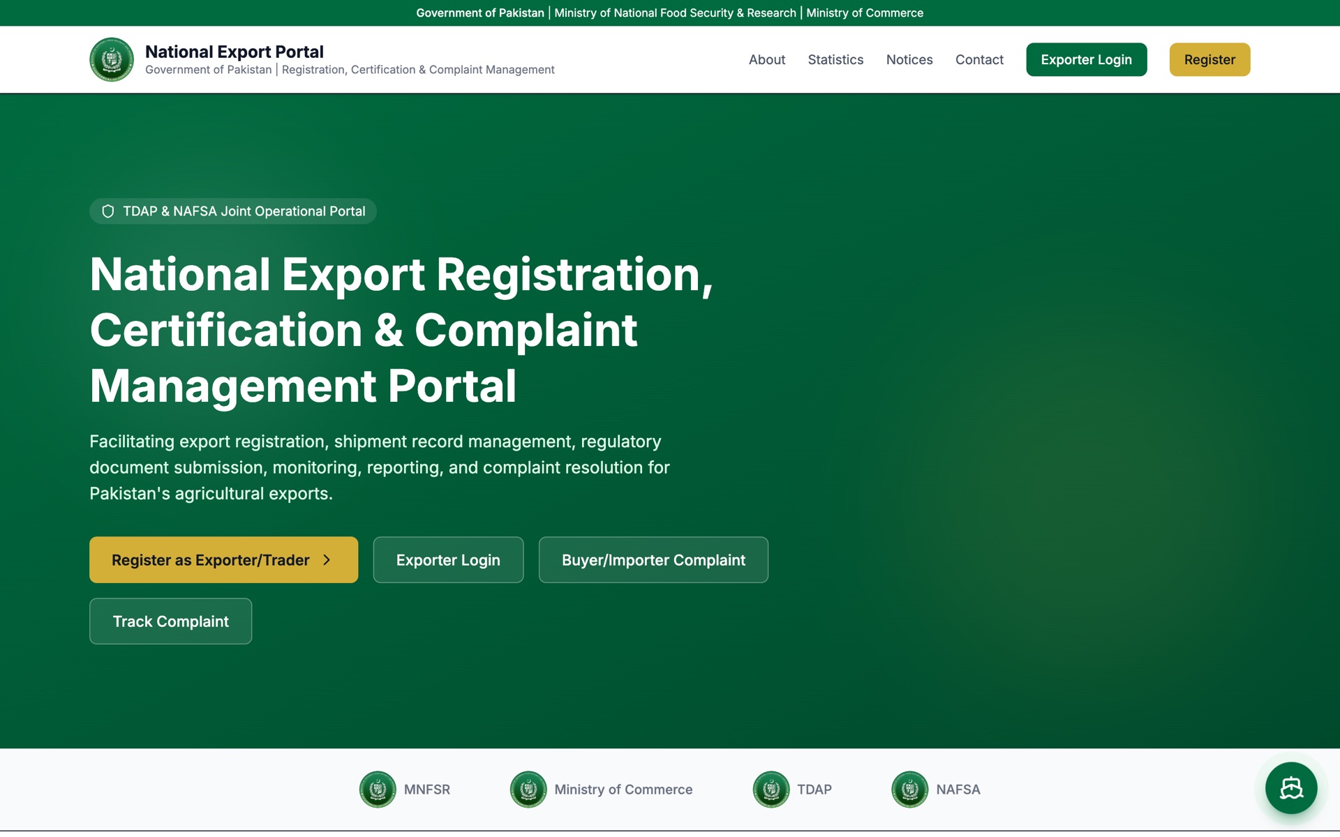 Public landing page with registration, login and complaint tracking entry points