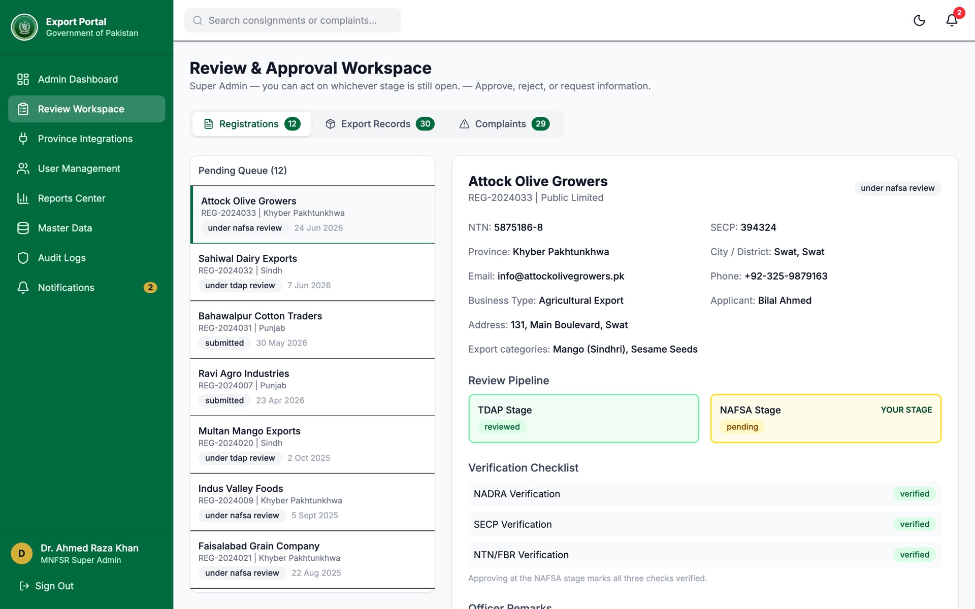 Review workspace: a TDAP stage and a NAFSA stage, with NADRA, SECP and NTN checks
