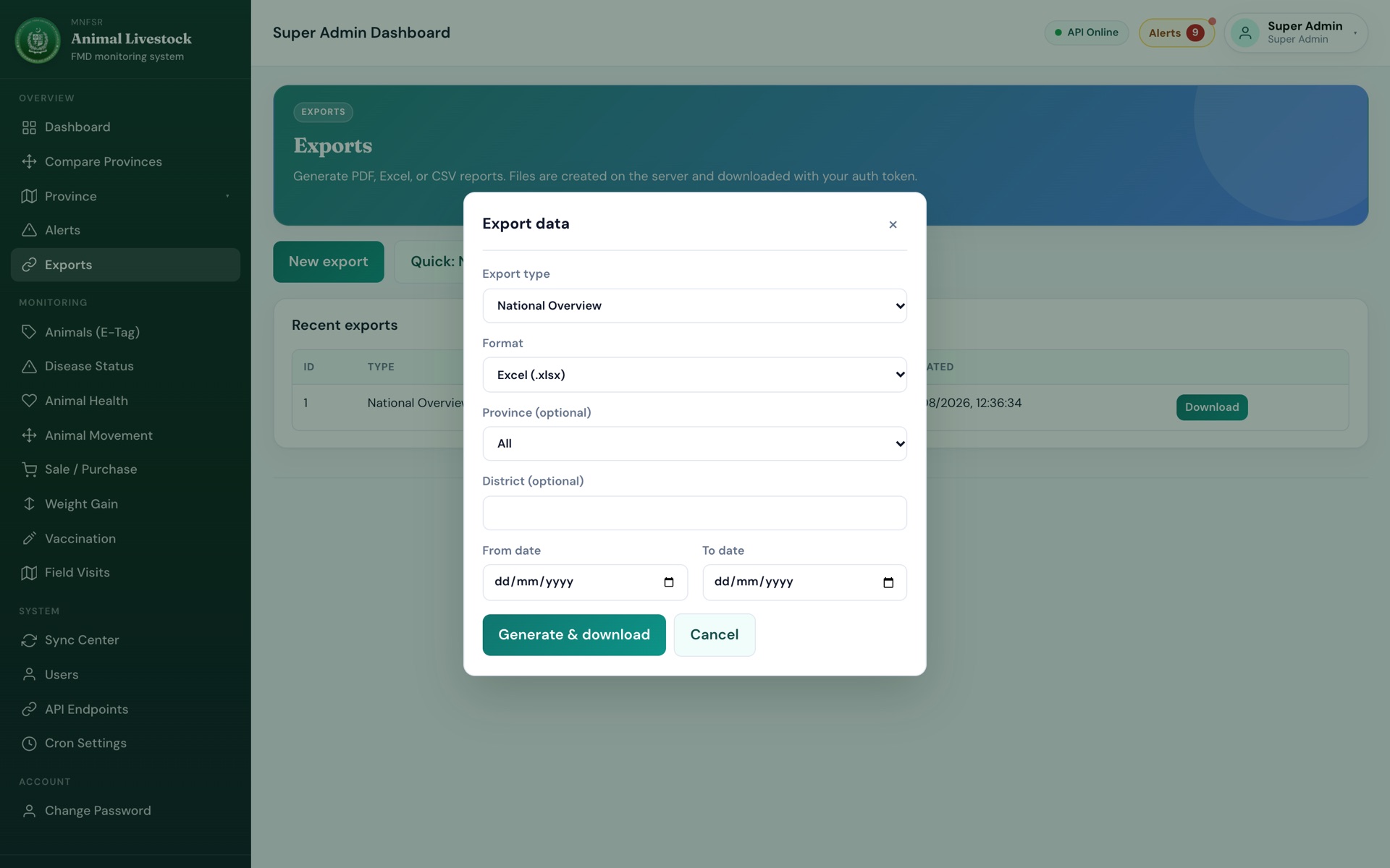 Exports: national, provincial and per-module reports as PDF, Excel or CSV