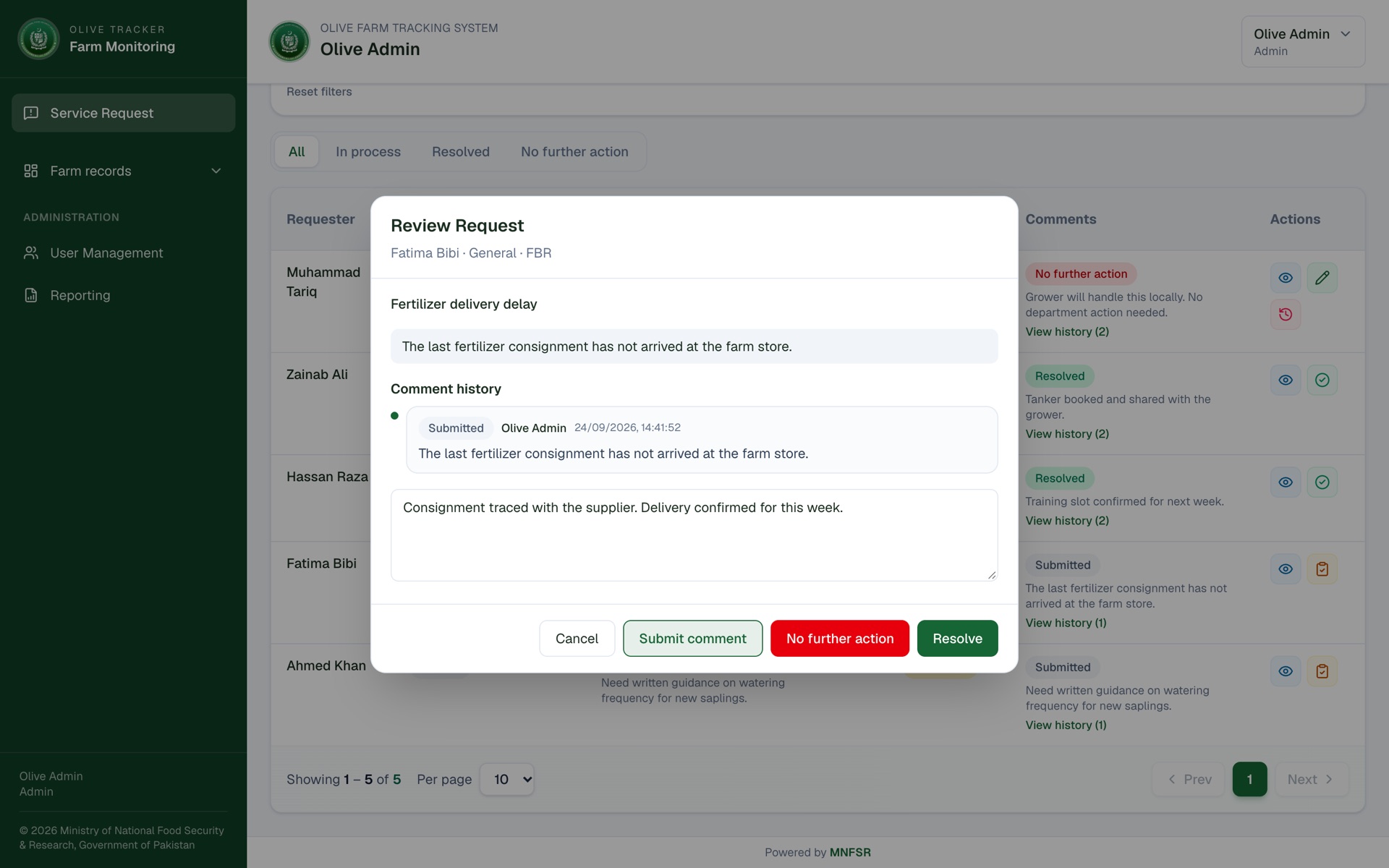 Admin review: comment on a request, resolve it or close it, with its history